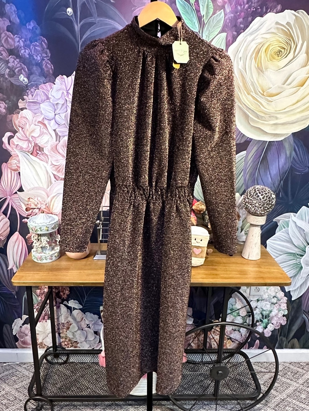 Ryegrass L NWT Copper Metallic Maxi Dress Puff Sleeve Mock Neck Pockets Holiday